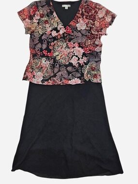 90s Vintage Enfocus Petite Black Maxi Dress with Pink Paisley Mock Top Plus 14